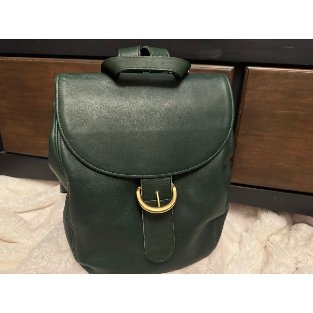 Green Leather Backpack with Gold Ring Accent
